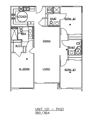 Floor plan for 3 beds, 3 baths, 1288 sqft